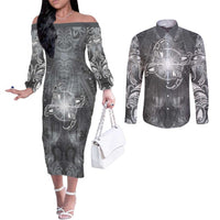 New Zealand Matariki Ururangi Couples Matching Off The Shoulder Long Sleeve Dress and Long Sleeve Button Shirt Maori Moko Grey Galaxy