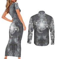 New Zealand Matariki Ururangi Couples Matching Short Sleeve Bodycon Dress and Long Sleeve Button Shirt Maori Moko Grey Galaxy