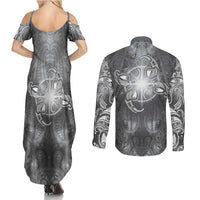 New Zealand Matariki Ururangi Couples Matching Summer Maxi Dress and Long Sleeve Button Shirt Maori Moko Grey Galaxy