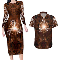 New Zealand Matariki Tupuanuku Couples Matching Long Sleeve Bodycon Dress and Hawaiian Shirt Maori Moko Brown Galaxy