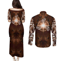 New Zealand Matariki Tupuanuku Couples Matching Puletasi and Long Sleeve Button Shirt Maori Moko Brown Galaxy