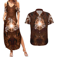 New Zealand Matariki Tupuanuku Couples Matching Summer Maxi Dress and Hawaiian Shirt Maori Moko Brown Galaxy