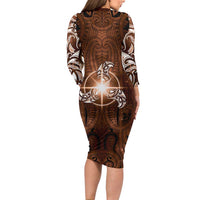 New Zealand Matariki Tupuanuku Family Matching Long Sleeve Bodycon Dress and Hawaiian Shirt Maori Moko Brown Galaxy