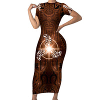 New Zealand Matariki Tupuanuku Family Matching Short Sleeve Bodycon Dress and Hawaiian Shirt Maori Moko Brown Galaxy