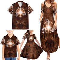 New Zealand Matariki Tupuanuku Family Matching Summer Maxi Dress and Hawaiian Shirt Maori Moko Brown Galaxy