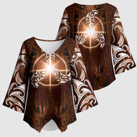 New Zealand Matariki Tupuanuku Kimono Sleeve Blouse Maori Moko Brown Galaxy