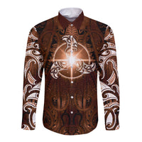 New Zealand Matariki Tupuanuku Long Sleeve Button Shirt Maori Moko Brown Galaxy LT05 Unisex Brown - Polynesian Pride