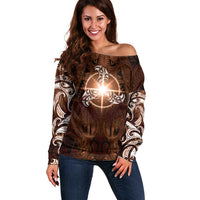 New Zealand Matariki Tupuanuku Off Shoulder Sweater Maori Moko Brown Galaxy LT05 Women Brown - Polynesian Pride