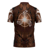 New Zealand Matariki Tupuanuku Zipper Polo Shirt Maori Moko Brown Galaxy
