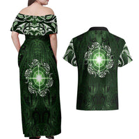 New Zealand Matariki Tupuarangi Couples Matching Off Shoulder Maxi Dress and Hawaiian Shirt Maori Moko Green Galaxy