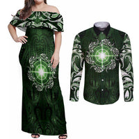 New Zealand Matariki Tupuarangi Couples Matching Off Shoulder Maxi Dress and Long Sleeve Button Shirt Maori Moko Green Galaxy