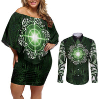 New Zealand Matariki Tupuarangi Couples Matching Off Shoulder Short Dress and Long Sleeve Button Shirt Maori Moko Green Galaxy