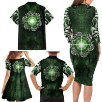 New Zealand Matariki Tupuarangi Family Matching Long Sleeve Bodycon Dress and Hawaiian Shirt Maori Moko Green Galaxy