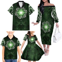 New Zealand Matariki Tupuarangi Family Matching Off The Shoulder Long Sleeve Dress and Hawaiian Shirt Maori Moko Green Galaxy
