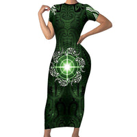 New Zealand Matariki Tupuarangi Family Matching Short Sleeve Bodycon Dress and Hawaiian Shirt Maori Moko Green Galaxy