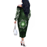 New Zealand Matariki Tupuarangi Off The Shoulder Long Sleeve Dress Maori Moko Green Galaxy
