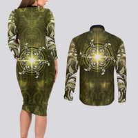 New Zealand Matariki Hiwaiterangi Couples Matching Long Sleeve Bodycon Dress and Long Sleeve Button Shirt Maori Moko Yellow Galaxy