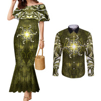 New Zealand Matariki Hiwaiterangi Couples Matching Mermaid Dress and Long Sleeve Button Shirt Maori Moko Yellow Galaxy