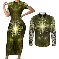New Zealand Matariki Hiwaiterangi Couples Matching Short Sleeve Bodycon Dress and Long Sleeve Button Shirt Maori Moko Yellow Galaxy