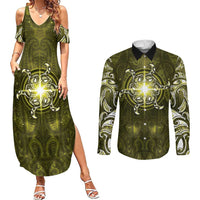 New Zealand Matariki Hiwaiterangi Couples Matching Summer Maxi Dress and Long Sleeve Button Shirt Maori Moko Yellow Galaxy