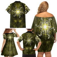 New Zealand Matariki Hiwaiterangi Family Matching Off Shoulder Short Dress and Hawaiian Shirt Maori Moko Yellow Galaxy