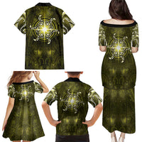 New Zealand Matariki Hiwaiterangi Family Matching Puletasi and Hawaiian Shirt Maori Moko Yellow Galaxy