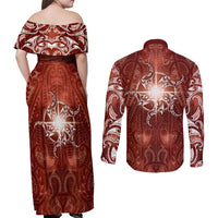 New Zealand Matariki Pohutukawa Couples Matching Off Shoulder Maxi Dress and Long Sleeve Button Shirt Maori Moko Red Galaxy
