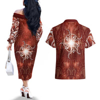 New Zealand Matariki Pohutukawa Couples Matching Off The Shoulder Long Sleeve Dress and Hawaiian Shirt Maori Moko Red Galaxy