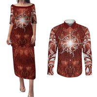 New Zealand Matariki Pohutukawa Couples Matching Puletasi and Long Sleeve Button Shirt Maori Moko Red Galaxy