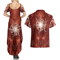 New Zealand Matariki Pohutukawa Couples Matching Summer Maxi Dress and Hawaiian Shirt Maori Moko Red Galaxy