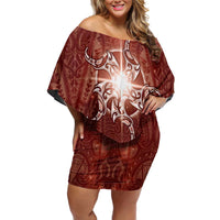 New Zealand Matariki Pohutukawa Family Matching Off Shoulder Short Dress and Hawaiian Shirt Maori Moko Red Galaxy