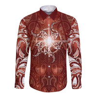 New Zealand Matariki Pohutukawa Long Sleeve Button Shirt Maori Moko Red Galaxy LT05 Unisex Red - Polynesian Pride