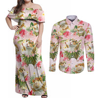 Hawaii Guinea Hula Pig Couples Matching Off Shoulder Maxi Dress and Long Sleeve Button Shirt Funny Tropical Style LT05 Pink - Polynesian Pride