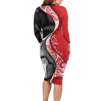 New Zealand Aotearoa Long Sleeve Bodycon Dress Kiwi Fern Maori Pattern Red Version