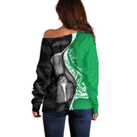 New Zealand Aotearoa Off Shoulder Sweater Kiwi Fern Maori Pattern Green Version