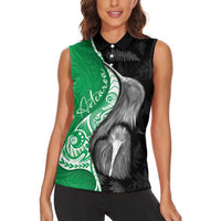 New Zealand Aotearoa Women Sleeveless Polo Shirt Kiwi Fern Maori Pattern Green Version