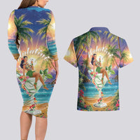 Aloha Hawaii Couples Matching Long Sleeve Bodycon Dress and Hawaiian Shirt Hula Martini Tropical Vibes - Polynesian Pride