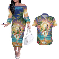 Aloha Hawaii Couples Matching Off The Shoulder Long Sleeve Dress and Hawaiian Shirt Hula Martini Tropical Vibes - Polynesian Pride