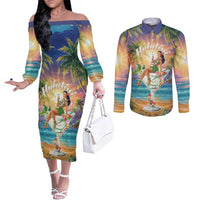 Aloha Hawaii Couples Matching Off The Shoulder Long Sleeve Dress and Long Sleeve Button Shirt Hula Martini Tropical Vibes - Polynesian Pride