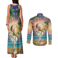 Aloha Hawaii Couples Matching Tank Maxi Dress and Long Sleeve Button Shirt Hula Martini Tropical Vibes - Polynesian Pride