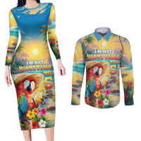 Hawaii Parrot Couples Matching Long Sleeve Bodycon Dress and Long Sleeve Button Shirt Im Not Waiting Till 5 Oclock - Polynesian Pride