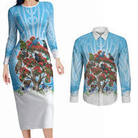 New Zealand Birds Christmas Couples Matching Long Sleeve Bodycon Dress and Long Sleeve Button Shirt Pohutukawa Xmas Tree