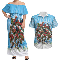 New Zealand Birds Christmas Couples Matching Off Shoulder Maxi Dress and Hawaiian Shirt Pohutukawa Xmas Tree
