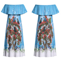 New Zealand Birds Christmas Couples Matching Off Shoulder Maxi Dress and Long Sleeve Button Shirt Pohutukawa Xmas Tree