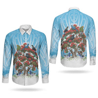 New Zealand Birds Christmas Couples Matching Off Shoulder Short Dress and Long Sleeve Button Shirt Pohutukawa Xmas Tree