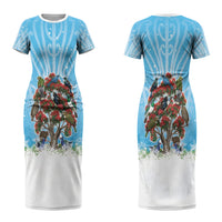 New Zealand Birds Christmas Couples Matching Short Sleeve Bodycon Dress and Hawaiian Shirt Pohutukawa Xmas Tree LT05 - Polynesian Pride