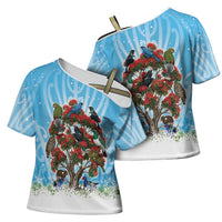 New Zealand Birds Christmas Cross Shoulder Shirt Pohutukawa Xmas Tree