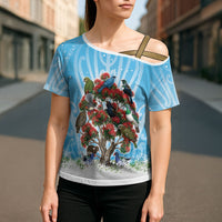 New Zealand Birds Christmas Cross Shoulder Shirt Pohutukawa Xmas Tree