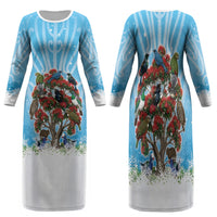 New Zealand Birds Christmas Family Matching Long Sleeve Bodycon Dress and Hawaiian Shirt Pohutukawa Xmas Tree LT05 Mom's Dress Blue - Polynesian Pride