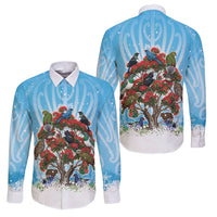 New Zealand Birds Christmas Family Matching Mermaid Dress and Hawaiian Shirt Pohutukawa Xmas Tree LT05 Dad's Shirt - Long Sleeve Blue - Polynesian Pride